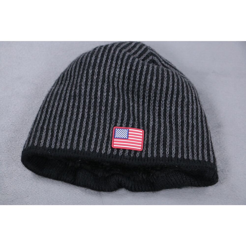 USA Flag Beanie Black Knit Hat Fleece Lined Winter Skull Cap Warm Unisex